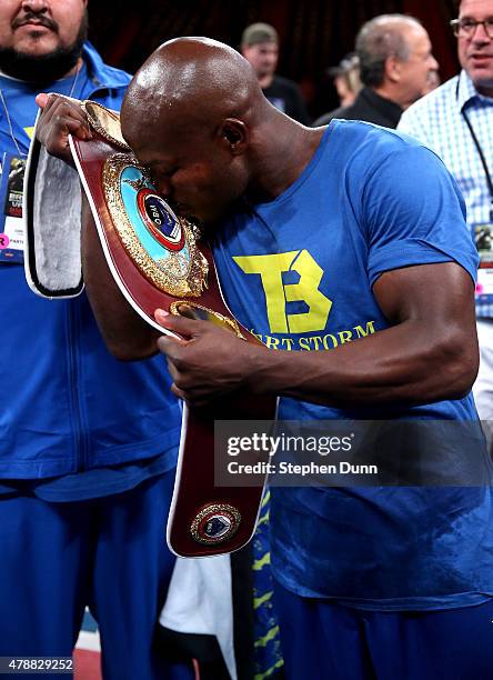 Timothy Bradley Jr. The belt as he poses for photos after defeating Jessie Vargas in their Interim WBO World Title welterweight fight at StubHub...