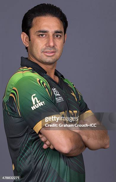 Saeed Ajmal of Pakistan at the headshot session at the Pan Pacific Hotel, Dhaka in the lead up to the ICC World Twenty20 Bangladesh 2014 on March 15,...