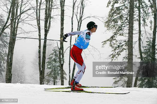 Momoko Dekijima of Japan competes in the Mixed 4 x 2.5km Relay Cross-Country Skiing event during day eight of Sochi 2014 Paralympic Winter Games at...