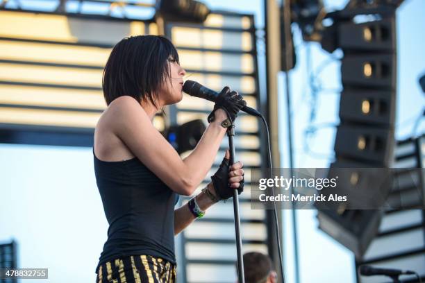 Sarah Barthel of Phantogram performs at the 2014 mtvU Woodie Awards on March 13, 2014 in Austin, Texas.