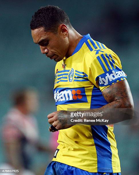 Willie Tonga of the Eels shows his disappointment during the round two NRL match between the Sydney Roosters and the Parramatta Eels at Allianz...