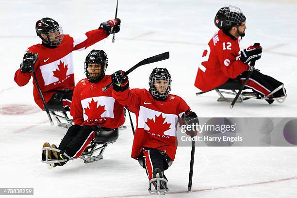 Tyler McGregor of Canda waves to the crowd after winning the Ice Sledge Hockey Bronze Medal match between Canada and Norway at the Shayba Arena...