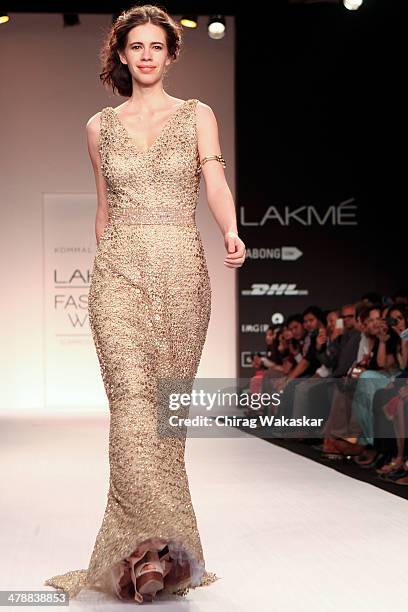 Kalki Koechlin walks the runway wearing designs by Komal Sood at day 5 of Lakme Fashion Week Summer/Resort 2014 at the Grand Hyatt on March 15, 2014...