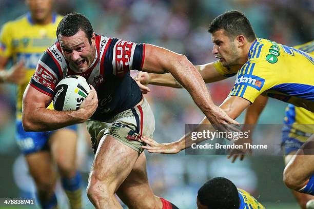 Boyd Cordner of the Roosters breaks the Eels defence during the round two NRL match between the Sydney Roosters and the Parramatta Eels at Allianz...