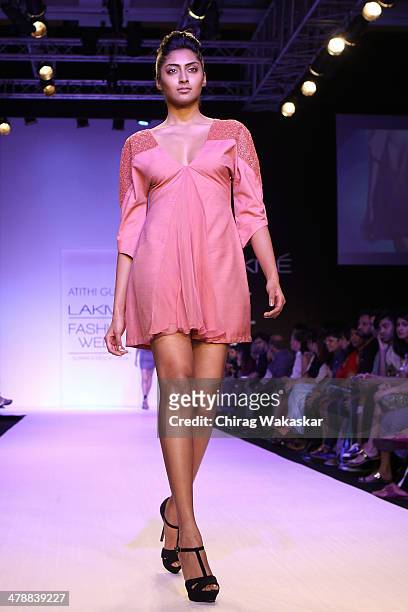 Model walks the runway wearing designs by Atithi Gupta at day 5 of Lakme Fashion Week Summer/Resort 2014 at the Grand Hyatt on March 15, 2014 in...