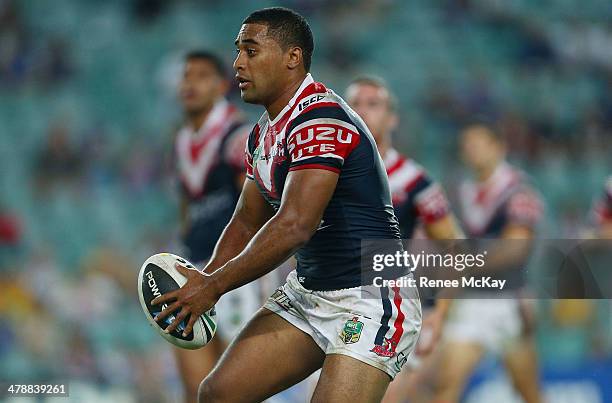 Michael Jennings of the Roosters in action during the round two NRL match between the Sydney Roosters and the Parramatta Eels at Allianz Stadium on...