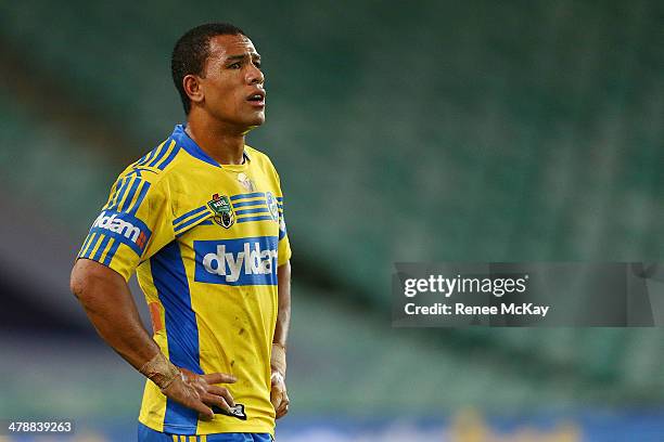 Will Hopoate of the Eels looks on during the round two NRL match between the Sydney Roosters and the Parramatta Eels at Allianz Stadium on March 15,...