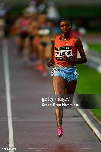 Mercy Cherono of Kenya leads the Womens 5000m event during the Sydney Track Classic at Sydney Olympic Park Sports Centre on March 15, 2014 in Sydney,...