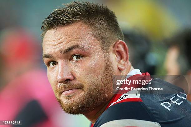 Jared Waerea-Hargreaves of the Roosters looks on during the round two NRL match between the Sydney Roosters and the Parramatta Eels at Allianz...