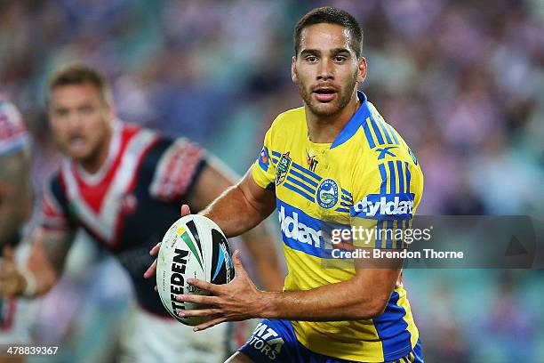 Corey Norman of the Eels runs the ball during the round two NRL match between the Sydney Roosters and the Parramatta Eels at Allianz Stadium on March...
