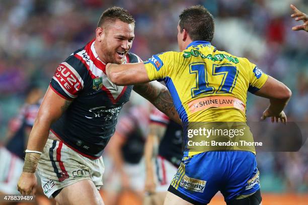 Jared Waerea-Hargreaves of the Roosters squares up to Darcy Lussick of the Eels during the round two NRL match between the Sydney Roosters and the...