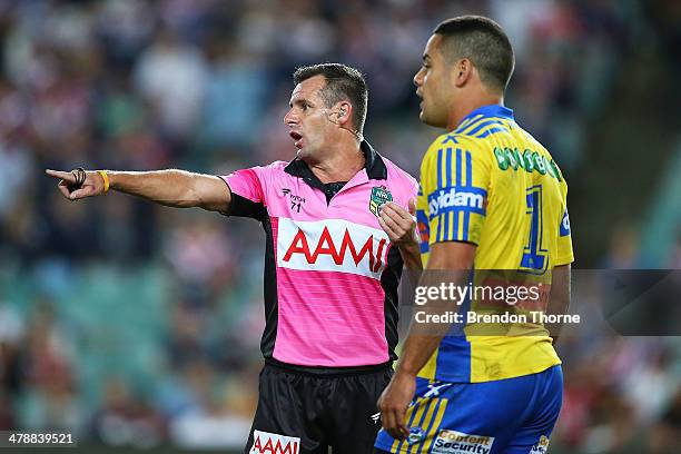 Referee, Gavin Badger speaks with Jarryd Hayne of the Eels during the round two NRL match between the Sydney Roosters and the Parramatta Eels at...