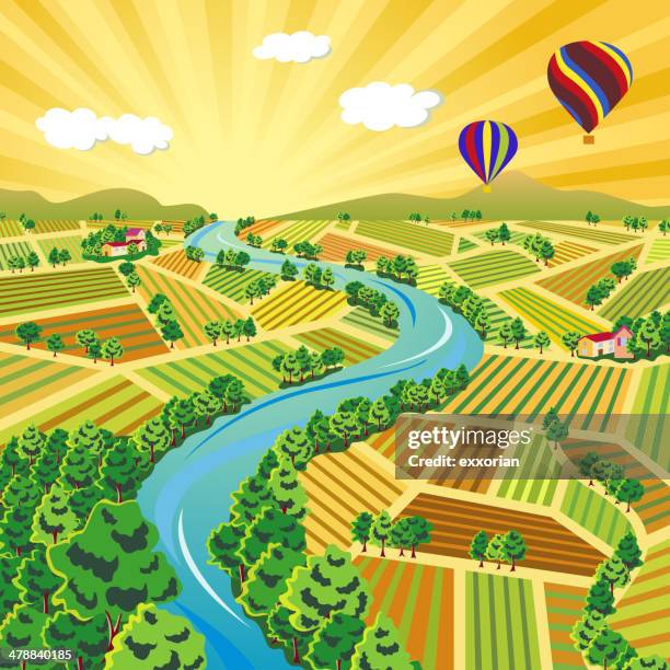 illustrations, cliparts, dessins animés et icônes de automne scène coucher de soleil de terres agricoles - champ agriculture