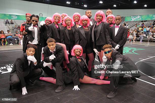 Dancers pose at the dance competition sponsored by King.com during the 2015 BET Experience at the Los Angeles Convention Center on June 27, 2015 in...