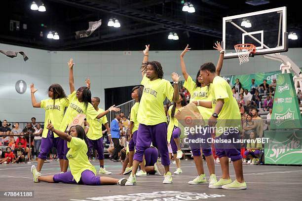 Dancers perform at the dance competition sponsored by King.com during the 2015 BET Experience at the Los Angeles Convention Center on June 27, 2015...