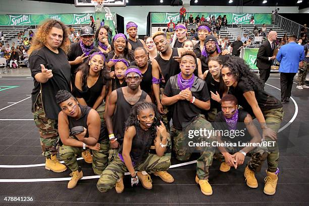 Dancers pose during the dance competition sponsored by King.com during the 2015 BET Experience at the Los Angeles Convention Center on June 27, 2015...