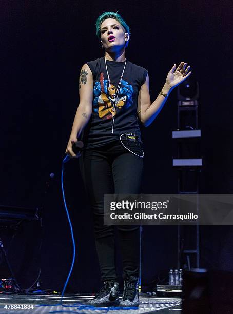 Singer/songwriter/musician Halsey performs during Imagine Dragons Smoke + Mirrors Tour at Wells Fargo Center on June 27, 2015 in Philadelphia,...