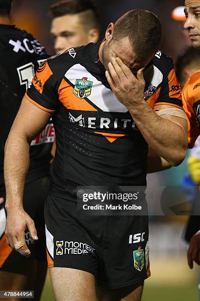 Robbie Farah of the Wests Tigers looks dejected during the round 16 NRL match between the Wests Tigers and the Penrith Panthers at Leichhardt Oval on...