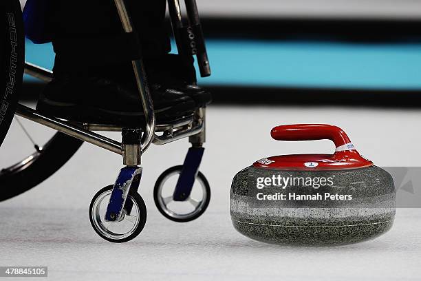Angie Malone of Great Britain lines up a shot during the bronze medal match between China and Great Britain on day eight of Sochi 2014 Paralympic...