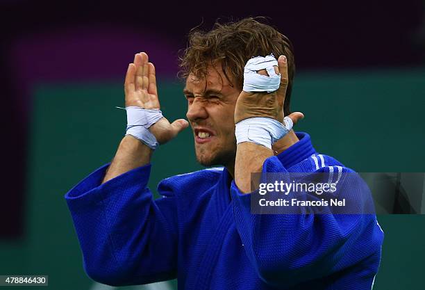 Loic Pietri of France psyches himself up prior to competing in the Men's Team semi finals during day sixteen of the Baku 2015 European Games at...
