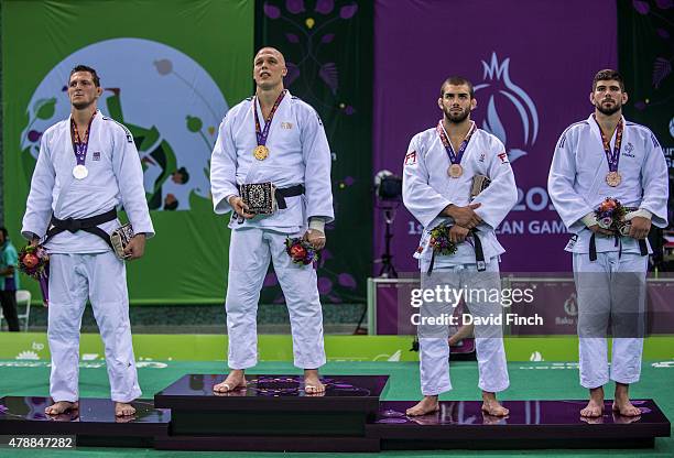 Under 100kg medallists Lukas Krpalek of the Czech Republic , Henk Grol of the Netherlands , Toma Nikiforov of Belgium and Cyrille Maret of France...