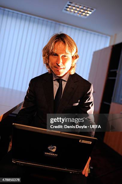 Pavel Nevded interviewed for UEFA.com at Generali Arena stadium before the Sweden v Denmark UEFA Under 21 European Championship 2015 semi-final match...