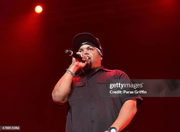 Rapper/actor Ice Cube performs onstage during the Ice Cube, Kendrick Lamar, Snoop Dogg, Schoolboy Q, Ab-Soul, Jay Rock concert during 2015 BET...