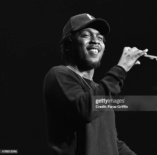 Rapper Kendrick Lamar performs onstage during the Ice Cube, Kendrick Lamar, Snoop Dogg, Schoolboy Q, Ab-Soul, Jay Rock concert during 2015 BET...