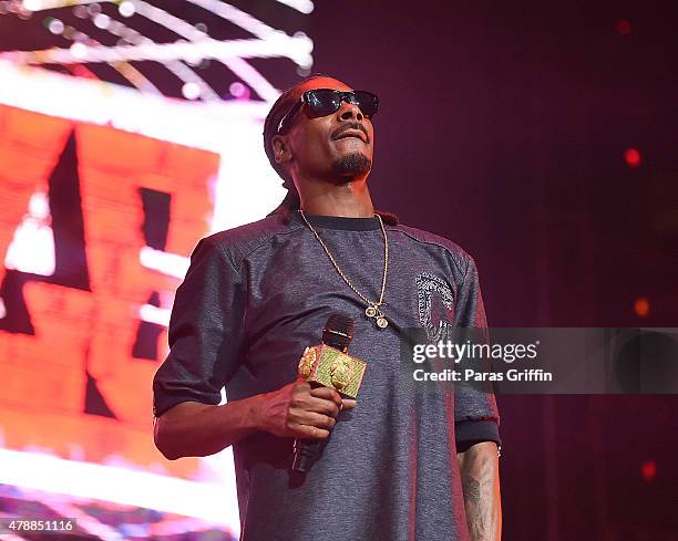 Rapper Snoop Dogg performs onstage during the Ice Cube, Kendrick Lamar, Snoop Dogg, Schoolboy Q, Ab-Soul, Jay Rock concert during 2015 BET Experience...