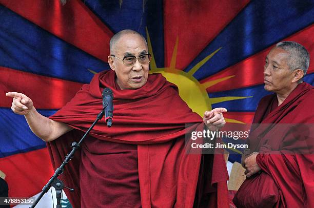 His holiness the Dalai Lama gives a talk during the third day of Glastonbury Festival at Worthy Farm, Pilton on June 28, 2015 in Glastonbury, England.