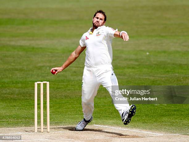 Ryan Harris of Australia bowls during day four of the tour match between Kent and Australia at The Spitfire Ground, St Lawrence on June 28, 2015 in...