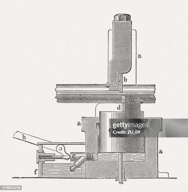 hydraulic shear, wood engravings, published in 1876 - hydraulics stock illustrations