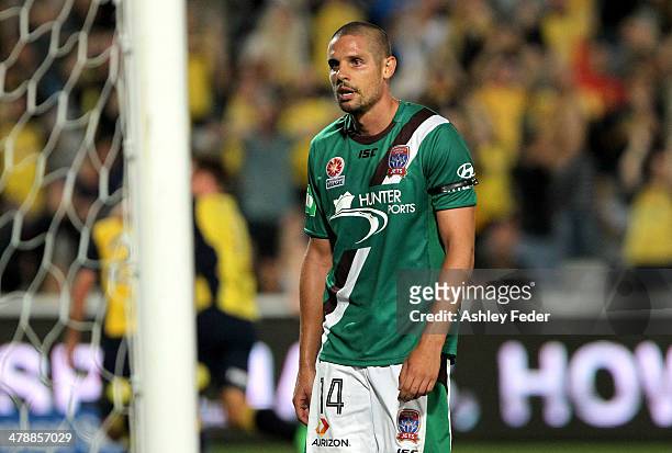 Josh Mitchell of the Jets looking dejected after the Mariners score a goal during the round 23 A-League match between the Central Coast Mariners and...