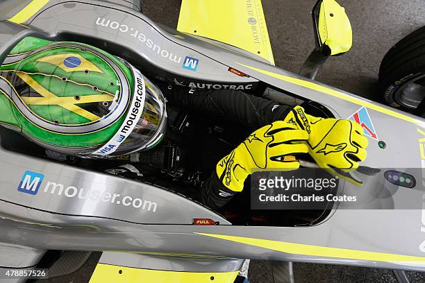 Championship leader Nelson Piquet jr of Brazil prepares for the second practice session on Day two of the 2015 FIA Formula E Visa London ePrix...