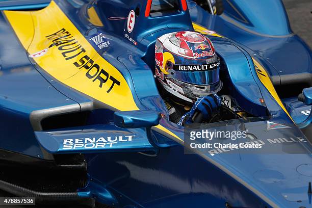 Championship contender Sebastien Buemi driving for E.Dams-Renault during second pracctice on Day two of the 2015 FIA Formula E Visa London ePrix...