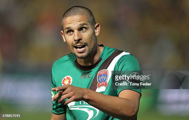 Josh Mitchell of the Jets argues with the referee during the round 23 A-League match between the Central Coast Mariners and the Newcastle Jets at...