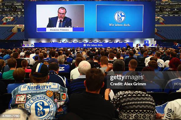 Chairman Clemens Toennies addresses the general assembly of FC Schalke 04 at Veltins-Arena on June 28, 2015 in Gelsenkirchen, Germany.