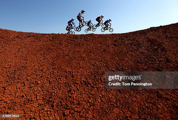 Competitors ride in the Men's Cycling BMX Final during day sixteen of the Baku 2015 European Games at the BMX Velopark on June 28, 2015 in Baku,...