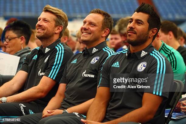 Head coach Andre Breitenreiter and his assistant coaches Sven Huebscher and Volkan Bulut attend the general assembly of FC Schalke 04 at...