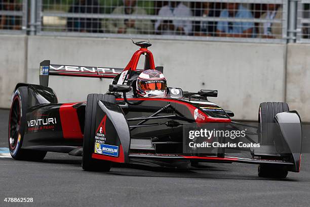 Stephane Sarrazin of France secured pole position for the Venturi racing team on day two of the 2015 FIA Formula E Visa London ePrix Championship at...