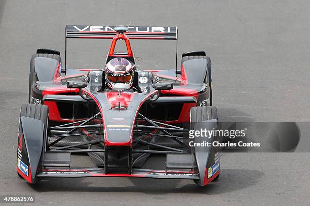 Stephane Sarrazin of France secured pole position for the Venturi racing team on day two of the 2015 FIA Formula E Visa London ePrix Championship at...
