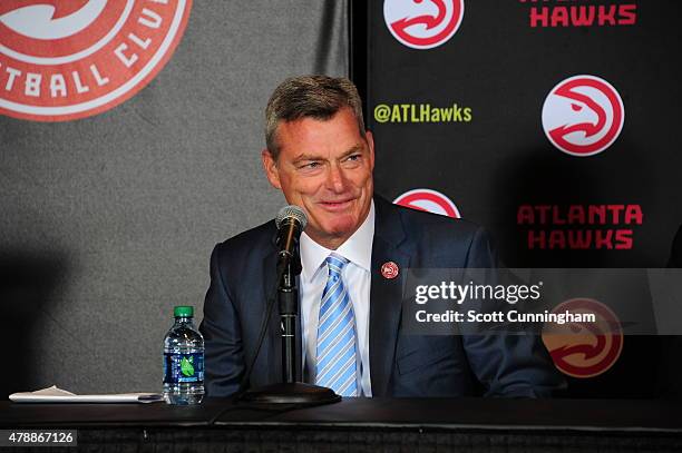 Tony Ressler of the Atlanta Hawks new ownership group speaks to the media during the announcement of the sale on June 25, 2015 at Philips Arena in...