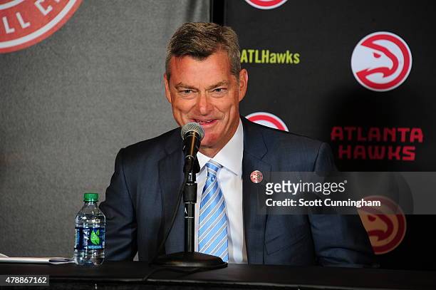 Tony Ressler of the Atlanta Hawks new ownership group speaks to the media during the announcement of the sale on June 25, 2015 at Philips Arena in...
