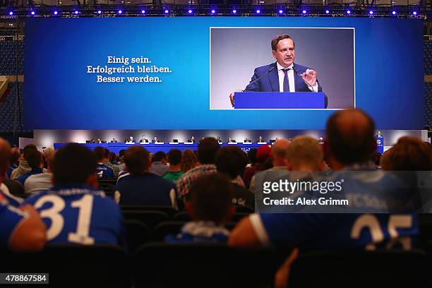 Manager Horst Heldt addresses the general assembly of FC Schalke 04 at Veltins-Arena on June 28, 2015 in Gelsenkirchen, Germany.