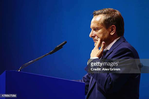 Manager Horst Heldt addresses the general assembly of FC Schalke 04 at Veltins-Arena on June 28, 2015 in Gelsenkirchen, Germany.