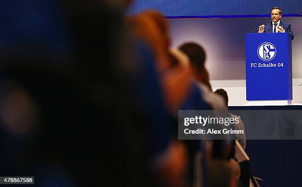 Manager Horst Heldt addresses the general assembly of FC Schalke 04 at Veltins-Arena on June 28, 2015 in Gelsenkirchen, Germany.