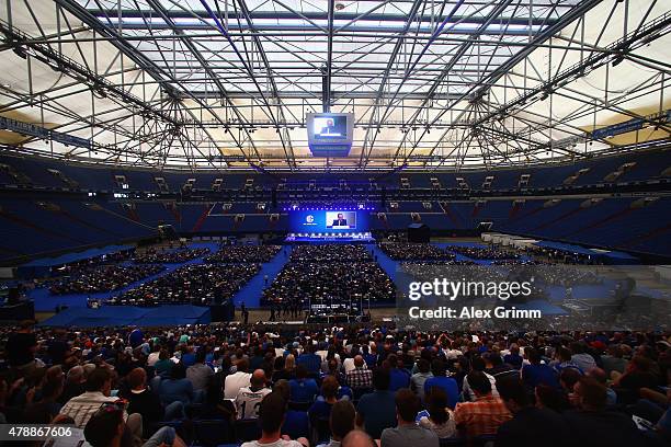 Chairman Clemens Toennies delivers his speech during the general assembly of FC Schalke 04 at Veltins-Arena on June 28, 2015 in Gelsenkirchen,...