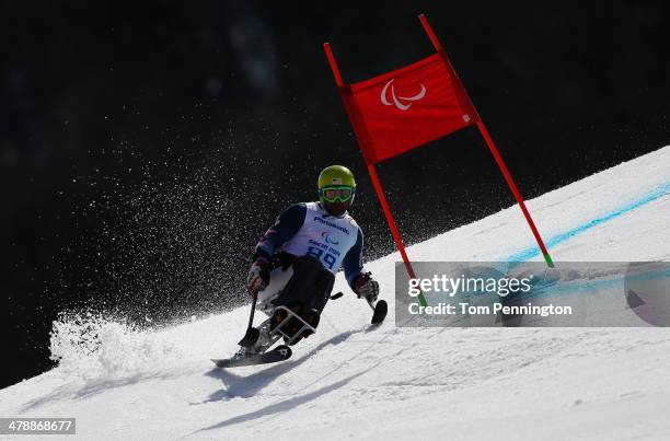 Jasmin Bambur of the United States competes in the Men's Giant Slalom Sitting during day eight of the Sochi 2014 Paralympic Winter Games at Rosa...