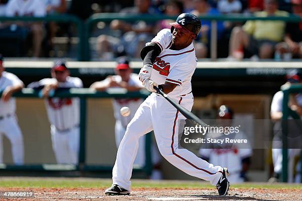 Jose Constanza of the Atlanta Braves swings at a pitch in the eighth inning of a game against the Tampa Bay Rays at Champion Stadium on March 14,...