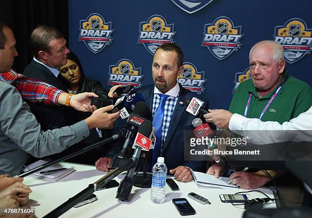 Trevor Timmins of the Montreal Canadiens speaks with the media following the 2015 NHL Draft at BB&T Center on June 27, 2015 in Sunrise, Florida.